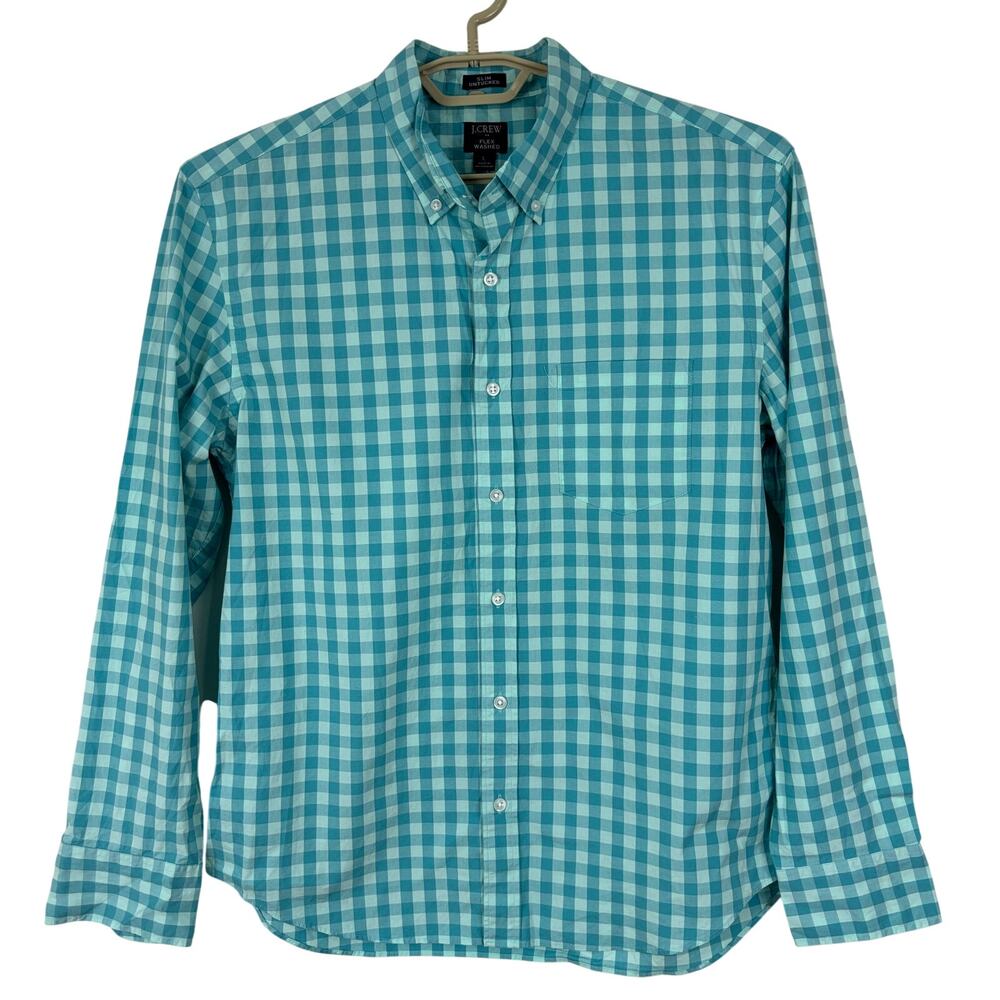 J. Crew Slim Untucked Blue Check Button Down Shirt NEW Large flex washed BE209
